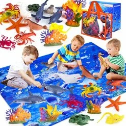 New โ Sea Animals Toys For Kids, Ocean Animals Toys Set With Large Play Mat And Carrier Bag, 18 Pack Sea Creatures Toys Including Shark, Whale, Dolphin For Toddlers Boys ๐ง Girls Age 3 4 5 6 7 8 ๐